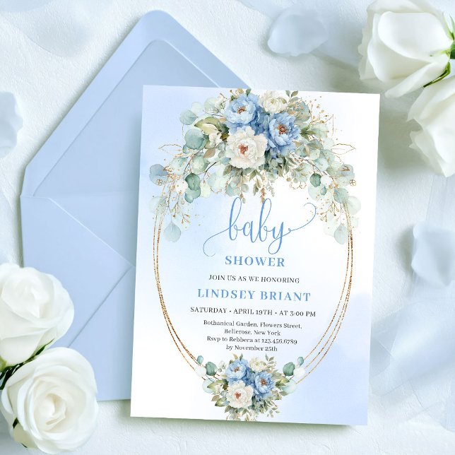 Invitation Fleurs bleues pastel Boho classiques Baby Shower O (Classic Pastel Blue Flowers Baby Shower Gold Invitation)