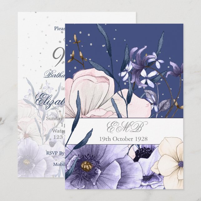 Invitation Fleurs bleues pour 90e anniversaire, argent élégan (Devant / Derrière)