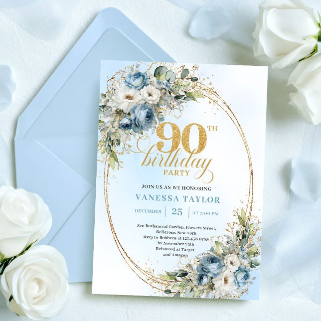 Invitation Fleurs Bleues Poussiéreuses Boho Romantiques 90e A (Romantic Boho Dusty Blue Flowers 90th Birthday)