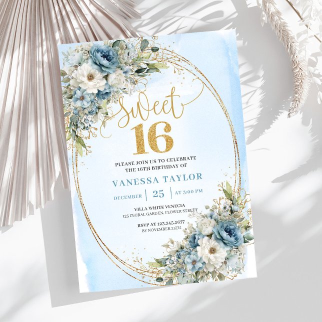 Invitation Fleurs Bleues Poussiéreuses Chic Douze Ans Anniver (Chic Dusty Blue Flowers Sweet Sixteen Birthday Invitation

)