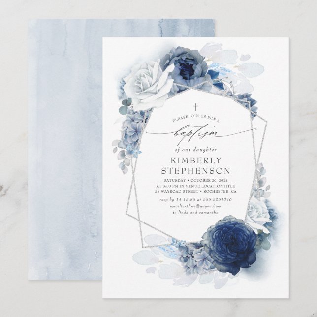 Invitation Fleurs bleues poussiéreuses et marines Élégant Bap (Devant / Derrière)