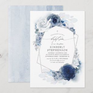 Invitation Fleurs bleues poussiéreuses et marines Élégant Bap