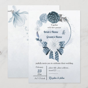 Invitation fleurs bleues poussiéreuses et ruban mariage à cou