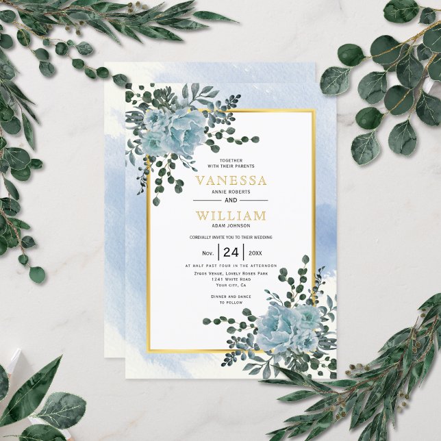 Invitation Fleurs bleues poussiéreuses, mariage d'hiver flora (Créateur téléchargé)