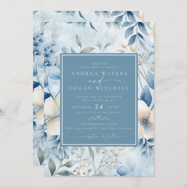 Invitation Fleurs bleues poussiéreuses | Mariage élégant dans (Devant / Derrière)