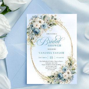 Invitation Fleurs Bleues Poussiéreuses Modernes Cadre Doré Ba