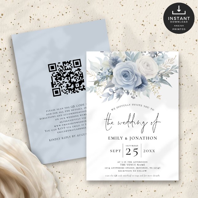 Invitation Fleurs bleues poussiéreuses modernes Code QR Maria (Front and back view)