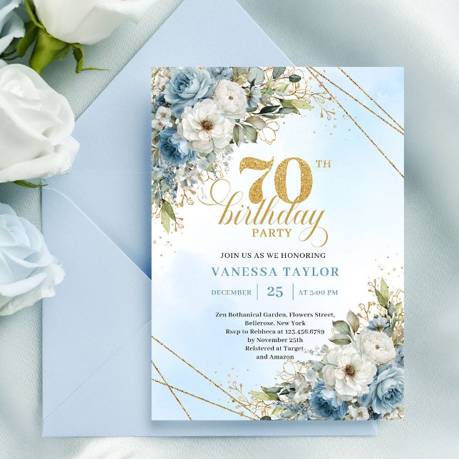 Invitation Fleurs bleues poussiéreuses premium cadre or 70e a (Premium dusty blue florals gold frame 70th birthday)
