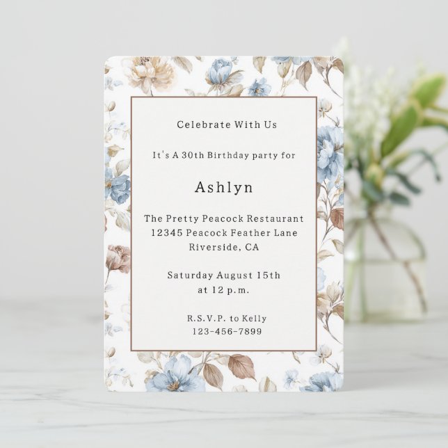 Invitation Fleurs bleues romantiques Feuilles brunes Annivers (Debout devant)