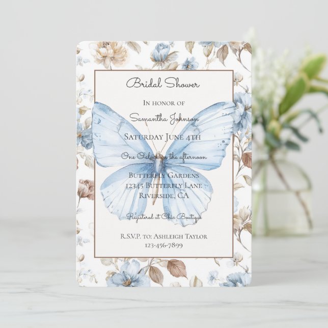 Invitation Fleurs Bleues Romantiques Feuilles Brunes Enterrem (Debout devant)