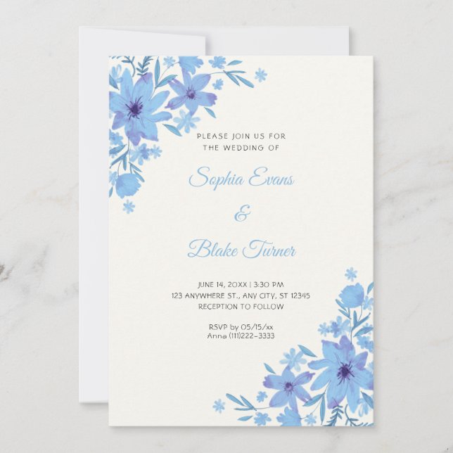 Invitation Fleurs Bleues Romantiques Florales Blanc Crème Mar (Devant)