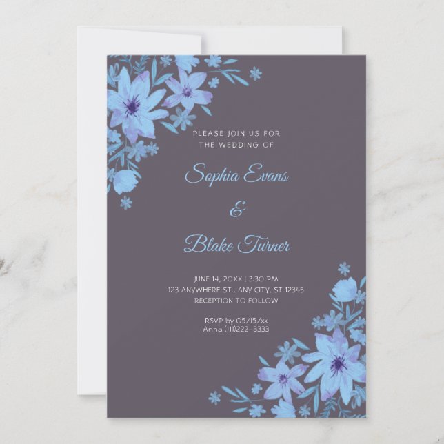 Invitation Fleurs Bleues Romantiques Fumée Grise Mariage Flor (Devant)