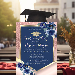 Invitation Fleurs Bleues Rose Doré Paillettes Diplômé
