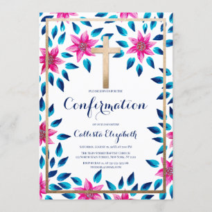 Invitation Fleurs Bleues Rose Feuille Croix Or Confirmation