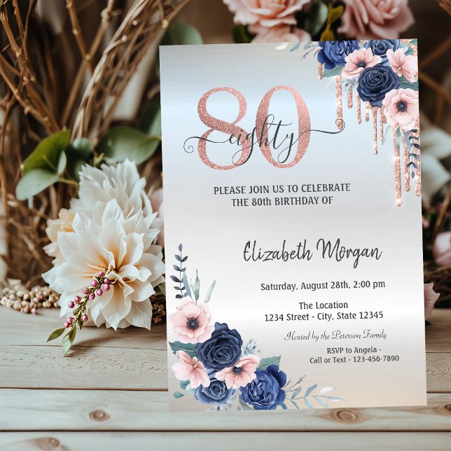 Invitation Fleurs Bleues Rose Gold Gouttes Argent 80e Anniver (Créateur téléchargé)