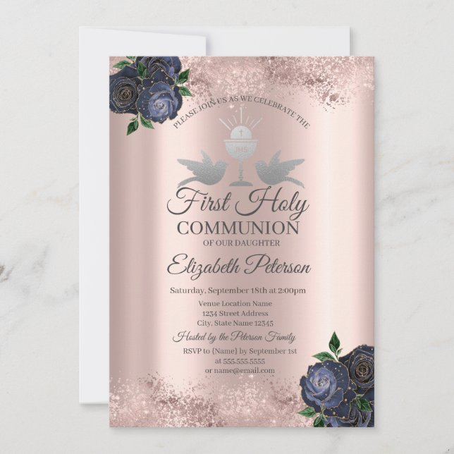 Invitation Fleurs bleues Rose Gold Première communion   (Devant)