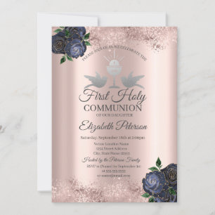 Invitation Fleurs bleues Rose Gold Première communion  