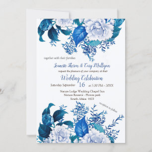 Invitation Fleurs Bleues Roses Blanches sur Cristal Blanc
