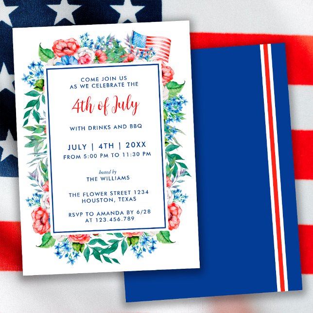 Invitation Fleurs Bleues Rouge 4 juillet Parti Patriotique (Créateur téléchargé)