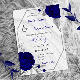Invitation fleurs bleues royales argent mariage géométrique