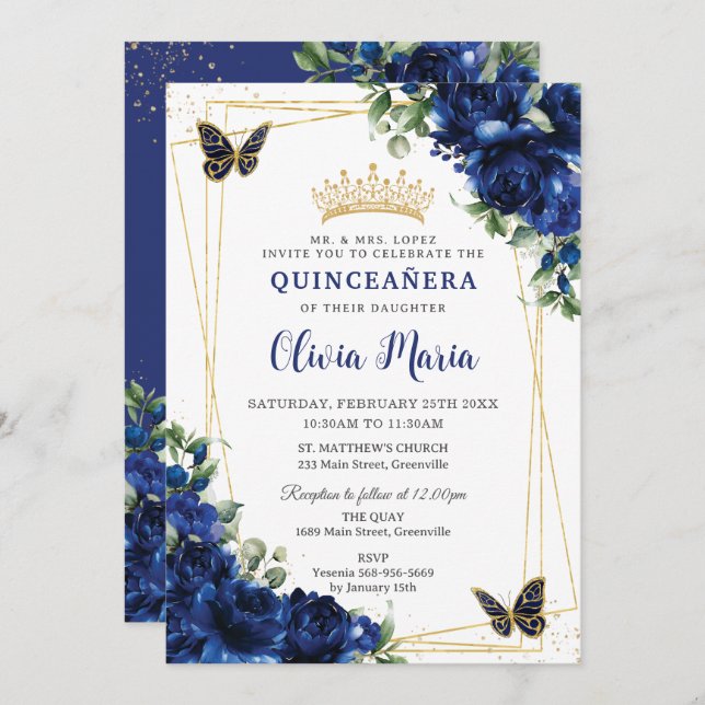 Invitation Fleurs bleues royales Floral Quinceañera Papillons (Devant / Derrière)