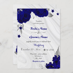 Invitation fleurs bleues royales gris argenté mariage