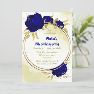 Invitation Fleurs bleues royales or feuilles anniversaire