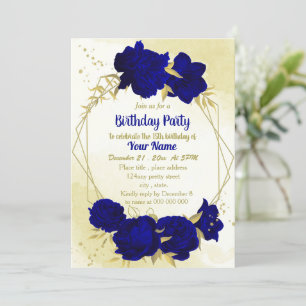 Invitation Fleurs bleues royales or feuilles anniversaire