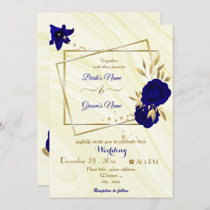 Invitation fleurs bleues royales or mariage géométrique