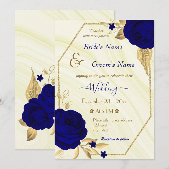 Invitation fleurs bleues royales or mariage géométrique (Devant / Derrière)