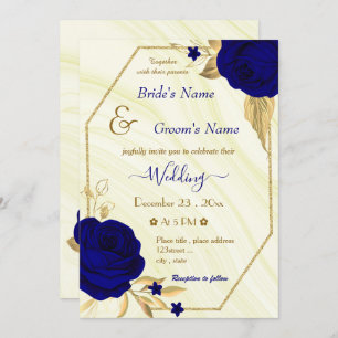 Invitation fleurs bleues royales or mariage géométrique
