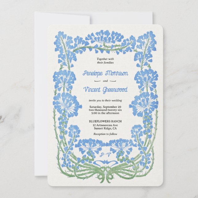 Invitation Fleurs bleues sauvages Letterpress Style Mariage (Devant)