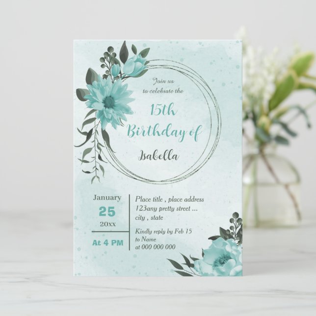 Invitation fleurs bleues verdure anniversaire botanique (Debout devant)