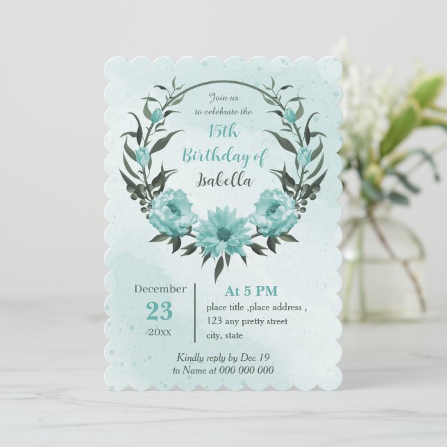 Invitation fleurs bleues verdure anniversaire botanique (Debout devant)
