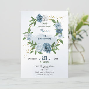 Invitation fleurs bleues verdure botanique couronne anniversa