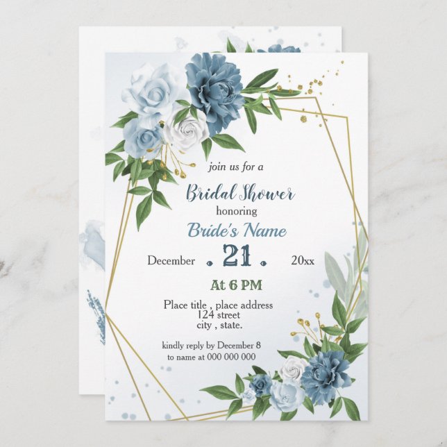 Invitation fleurs bleues verdure douche nuptiale géométrique (Devant / Derrière)