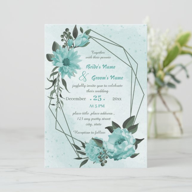 Invitation fleurs bleues verdure mariage géométrique (Debout devant)