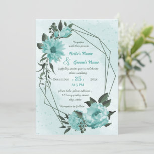 Invitation fleurs bleues verdure mariage géométrique