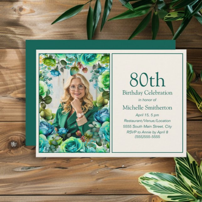 Invitation Fleurs bleues vert sarcelle modernes Photo de 80e  (Blue and green watercolor floral photo birthday party invitation)