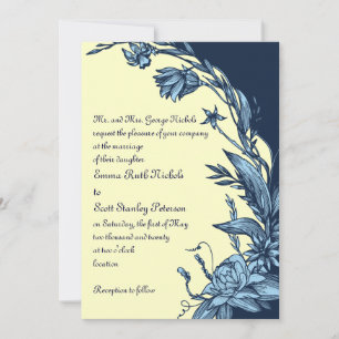 Invitation Fleurs bleues vintages sur mariage jaune pâle