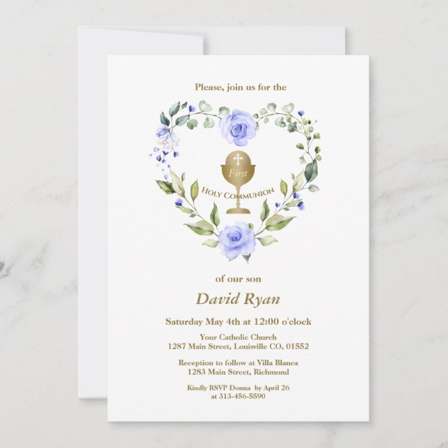 Invitation Fleurs bleues Wreath Boy Première Communion sainte (Devant)