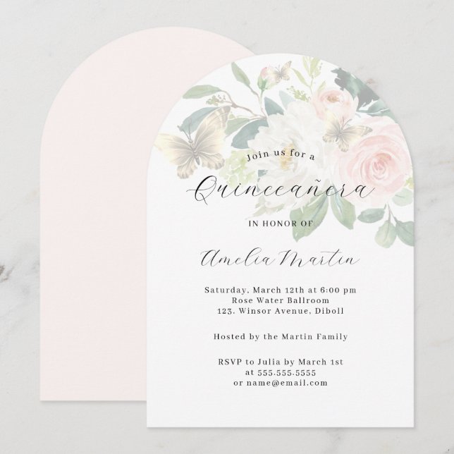 Invitation Fleurs Blush Arche Moderne de Quinceanera  (Devant / Derrière)