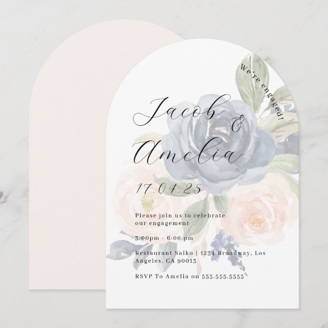 Invitation Fleurs Blush Navy Moderne Arch Fête de Fiançailles (Devant / Derrière)