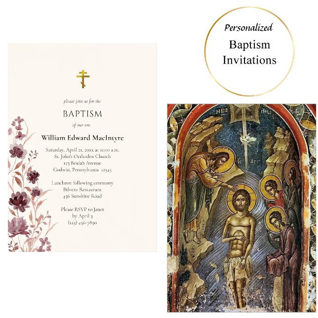 Invitation Fleurs Bohème de Couleur Vin Baptême Orthodoxe (Créateur téléchargé)
