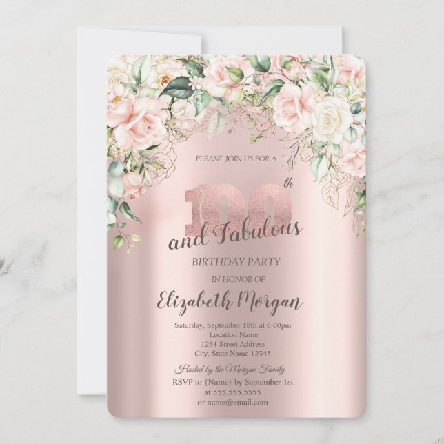 Invitation Fleurs Bohème Roses Or Rose 100e Anniversaire (Devant)