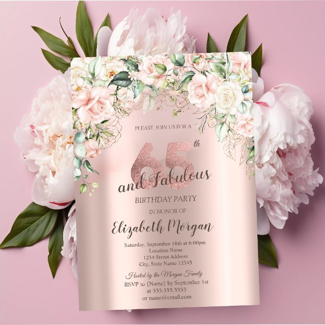 Invitation Fleurs Bohème Roses Or Rose 65e Anniversaire (Créateur téléchargé)