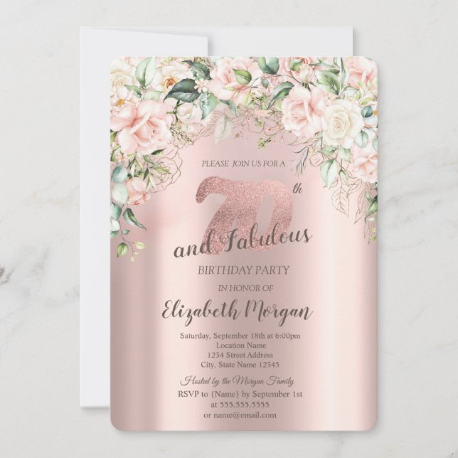 Invitation Fleurs Bohème Roses Or Rose 70e Anniversaire (Devant)