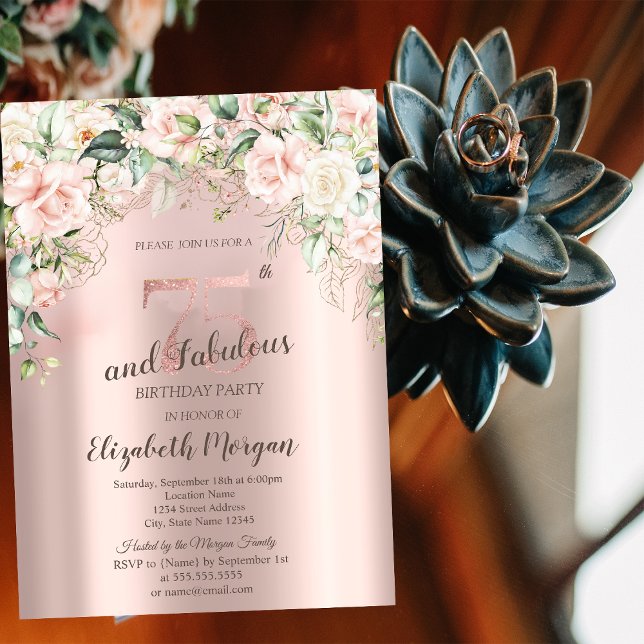 Invitation Fleurs Bohème Roses Or Rose 75e Anniversaire (Créateur téléchargé)