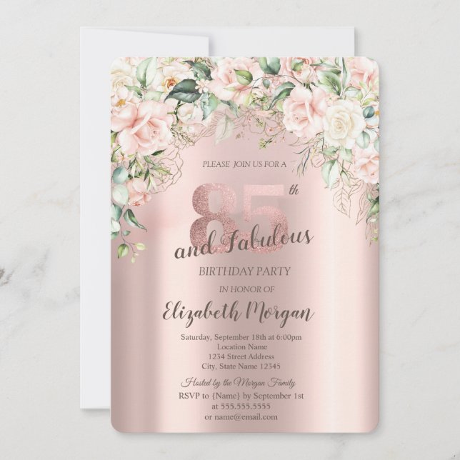 Invitation Fleurs Bohème Roses Or Rose 85e Anniversaire (Devant)