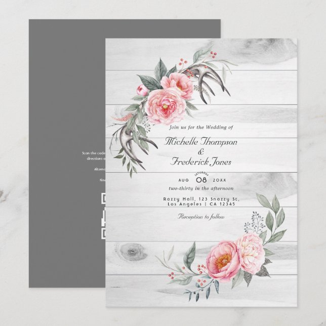 Invitation Fleurs Bohèmes de Code QR de Réponse de Mariage Ro (Devant / Derrière)
